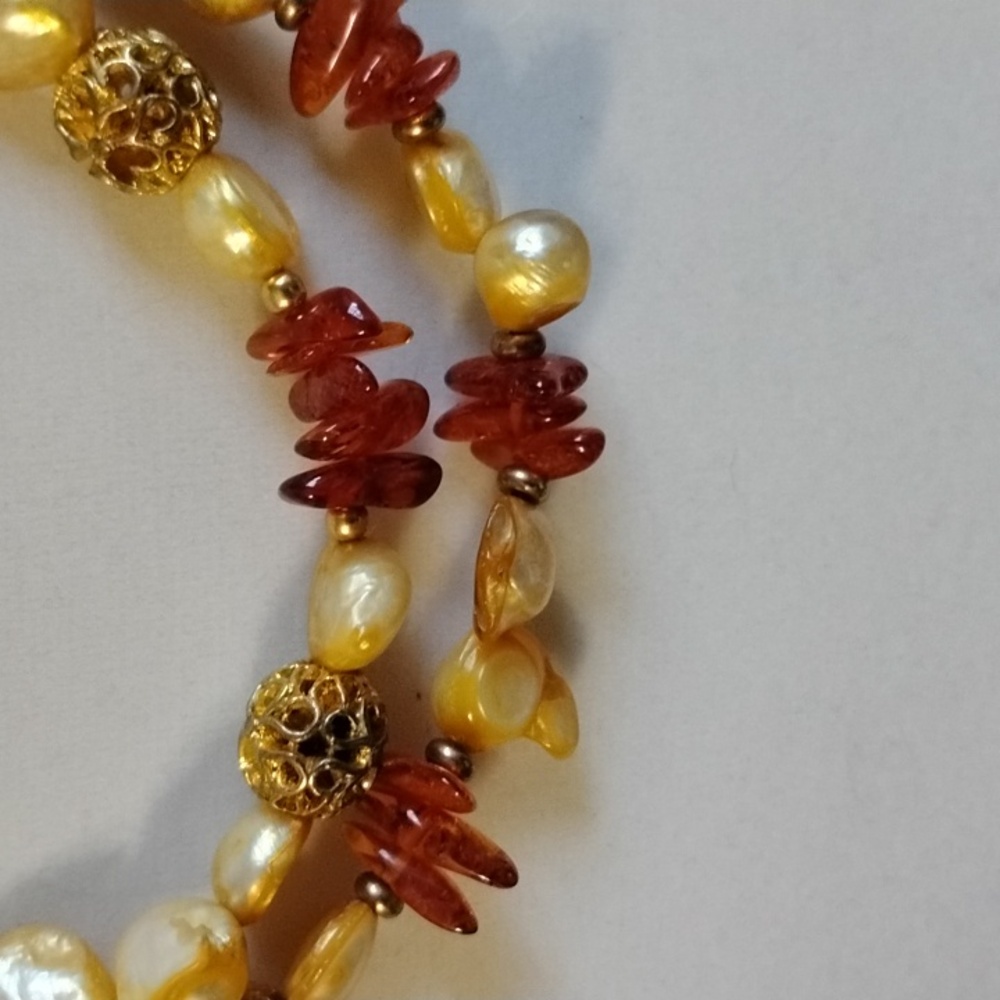🎃Hand Crafted double strand Keshi Pearls And Amber Beaded Necklace🎃 - Picture 2 of 8